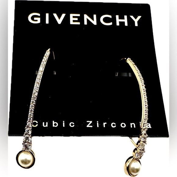 NWT Beautiful Givenchy Gold-Tone Crystal & Pearl Threader Earrings - Picture 2 of 7